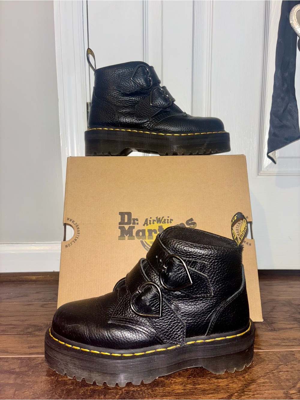 Dr. Martens DEVON Black Leather Heart Buckle Ankle Boots